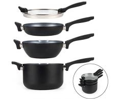 Russell Hobbs da RH01840 Set di padelle impilabili non attaccabili 4 pezzi, pentola da 24cm, padella da 24cm, coperchio universale, a induzione, senza PFOA, facile pulizia, Design salvaspazio, nero