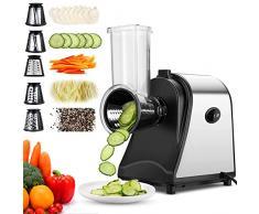 Meykey Tritacarne Elettrico 250W, Grattugia elettrica Multifunzione Affettaverdure con 5 tamburi di taglio, Acciaio Inox