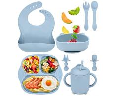 Jissta set pappa bimbo,set di svezzamento in silicone 8 pezzi con ventosa ciotola cucchiaio bavaglino della forchetta tazza da bere,stoviglie per lo svezzamento del bambino impermeabile BPA