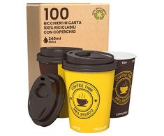 100 Bicchieri Caffè ASPORTO in Carta 240ml con COPERCHIO Bevande Calde e Fredde come Tè Infusi Acqua Cappuccino sono Ecologici Biodegradabili Tazze Monouso Colorate + 100 Coperchi con Beccuccio