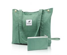 Luckits borse della spesa da donna di grande capacità con tasca interna, borsa a tracolla da ragazza lavabile Borsa a tracolla per college Borse in cotone stampato Borsa (Green)