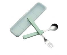 VANRA 2-Piece Set Posate per bambini in acciaio inox 18/10 Argento Bambino Stoviglie Posate Posate utensili forchetta e cucchiaio da tavola con custodia da viaggio per bambini (cromato) (Verde)