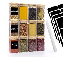 Withosent 280ml Barattoli Vetro Set di 12, Barattoli Spezie Cucina, Contenitori Alimentari Vetro con Coperchio di Bambù, Vasetti Vetro Piccoli per Zucchero, Pepe