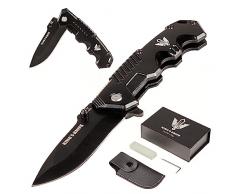 KING’S KNIFE Coltello Pieghevole a Serramanico da Caccia o Pesca in Acciaio Inossidabile - Coltellino Tascabile Multiuso con Custodia e Cote, Nero