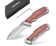 Aolegoo Coltello pieghevole Acciaio Inox 7Cr17 - Coltello Tascabile con Manico in Acciaio e Intarsio di Legno, il Perfetto Coltello da Sopravvivenza, Coltello da Caccia (Marrone)
