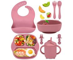 Jissta set pappa bimbo,set di svezzamento in silicone 8 pezzi con ventosa ciotola cucchiaio bavaglino della forchetta tazza da bere,stoviglie per lo svezzamento del bambino impermeabile BPA(Rosa)