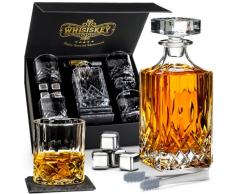 Whisiskey - Decanter per Whisky - Classic - 800ML - Regalo Uomo - Caraffa Whiskey - Regali Compleanno - Set include 4 Bicchieri in Vetro, Sottobicchieri, 4 Cubetti di Ghiaccio Riutilizzaibili e Pinze