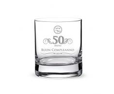 AMAVEL Tumbler da Whisky in Vetro con Incisione - 50 Anni - Buon Compleanno - Bicchieri Cocktail Personalizzati - Degustazione - Accessori Decorativi Casa - Idee Regalo Originali - Capacità: ca 320 ml