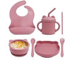 Feelhap Set Pappa per Bambini, Set Pappa Svezzamento Bambini 7 Pezzi, Set Svezzamento Silicone senza BPA, Piatto Ciotola Bambina con Ventosa Bavaglino Morbido Cucchiaio Forchetta Tazza, Rosa Orso