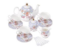 fanquare Set da tè in Porcellana con Fiori Viola, Set Tazza da tè e Piattino, Servizio da tè da Sei, Nozze Teiera Zuccheriera Crema Brocca, Servizio da caffè in Cina