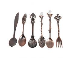 Zerodis Set di forchette cucchiai Vintage, 6 Pezzi Set di stoviglie per la Famiglia Set di Posate in Metallo Antico Color Oro Argento Stile Regale retrò, Cucchiaio da Dessert Cucchiaino(Ottone Rosso)