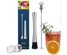 Pestello Cocktail Mojito Bar Spoon, Set di Muddler Barman e Cucchiaio Cocktail in Acciaio Inox, Pestino Metallo per Drink, Cucchiaio con Manico Lungo, Pesta un Mojito o Miscela una Caipirinha