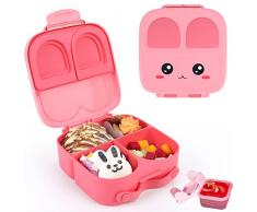 WolinTek Lunch Box per Bambini,1.4L Contenitore portapranzo per bambini,Porta Pranzo Ermetico, Bento Box con 3 Scomparti e Divisorio rimovibile,Lavabile in Microonde e Lavastoviglie (Rosa)