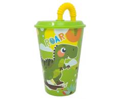 Bicchiere con cannuccia, Dinosauro, bicchiere per bambini, plastica riutilizzabile semirigida, BPA Free, capacità 430 ml, verde - ST07552