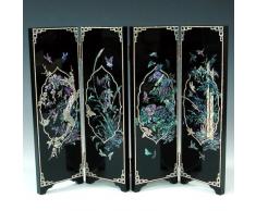 Piccolo Paravento Ripiegabile o Targa o Placca Decorativa In Madreperla Arte Dell'Intarsio In Legno Nero Con Motivo Fiori di Prugno, Orchidea, Crisantemo e Bambù a Muro o a Parete Decorazione Della Casa Orientale o Asiatica