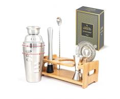 FABV Kit completo da barista con ricetta rotante shaker per cocktail – Set di shaker per bevande con accessori per bar in acciaio inossidabile e shaker rotante da 700 ml con ricette laterali (argento)