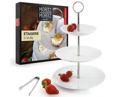 Moritz & Moritz Alzatine per Dolci con 3 Piani 24 x 20,5 x 15,5 cm - Alzatina per Dolci Ceramica Bianca con Pinza per Servire Vivande