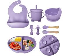Hoidokly Set Pappa Svezzamento Bambini, 8 Pezzi con Ventosa Piatto Ciotola Tazze Cucchiaio Forchetta Bavaglino Silicone Antiscivolo Impermeabili Set Pappa per Bambino Neonati senza BPA(Viola)