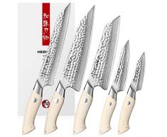 HEZHEN Acciaio Damasco Set di Coltelli 5PCS, Profesional Pane Coltello da Cucina Spelucchino Stile Giapponese Coltello Santoku, Manico in G10 Bianco Avorio