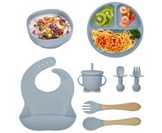 Saponhonix Set Pappa Svezzamento Bambini, 8 Pezzi Silicone Piatti Bambina Kit con Ventosa Piatto Cucchiaio Forchetta Ciotola Bavaglino Tazza, Impermeabili Set Pappa Prima Neonato per Bambino