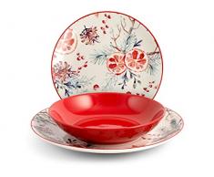 H&H Servizio Tavola 18 Pezzi, Celebration, Porcellana, Rosso