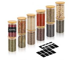 rokrist Barattoli Spezie per Cucina Set di 12, 300ML Barattoli Vetro Contenitori Spezie, Barattoli Portaspezie, Barattoli Cucina con Coperchio di Bambù per Spezie, Caramelle