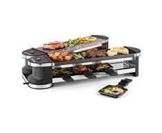 KLARSTEIN Tenderloin - Raclette Grill, Raclette per 8 Persone, Barbecue, Padelle e Spatole Incluse, Raclette Potenza 1200 Watt, per 8 Porzioni, Nero con 1 Piastra in Metallo e 1 in Pietra