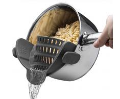 Netrox® - Colino a scatto in silicone - Scolapasta da bordo pentola, padella & ciotola - Colapasta da cucina lavabile in lavastoviglie - con clip da pasta, verdura & frutta (Grigio)