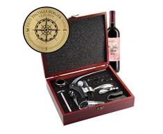 AMAVEL Set Sommelier con 10 Accessori da Vino, Scatola Regalo in Legno, Targa con Incisione Personalizzata, Motivo Bussola, Idea Regalo Degustazione per Aperitivo