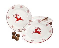 Set di 6 piatti piani natalizi con il disegno di fiocchi di neve e un cervo, in gres porcellanato, per 6 persone