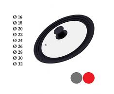 M.S.N - Coperchio universale in vetro, per pentole e padelle da 28/30/32 cm, con valvola di scarico e bordo in silicone (nero)