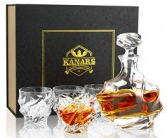 KANARS Bottiglie e Bicchieri da Whisky, Decanter da Whiskey Cristallo, 750 ml Bottiglia con 4x 260 ml Bicchieri per Cognac, Martini, Whisky, Scotch, Bourbon, Bellissimo Regalo, 5 Pezzi