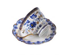 fanquare Tazza di caffè e Piattino in Bone China di Fiori Blu, Vintage Tazza da tè in Porcellana, 200 ml