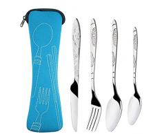 Forchetta Coltello e Cucchiaio in Acciaio Inox,Posate Campeggio,Cucchiaio Forchetta,1 Set，Con Borsa in Gomma, Adatta per Viaggi o Picnic (blu)