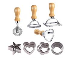 Counius 4 Pezzi Stampo Ravioli Acciaio Inox Manico in Legno e Bordo Scanalato Taglierina a Rullo,con 12 Diverso Gnocchi Stampo per Ravioli Pasta Lasagna e Biscotti