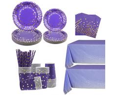 Ywediim Set di stoviglie per feste viola e oro – piatti, tazze, tovaglioli, tovaglie, cannucce – per matrimoni, compleanni, anniversari, baby shower per 25 ospiti (viola)