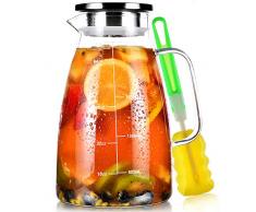 Caraffa Vetro, Brocca Acqua 2 Litri Precisa Graduata, Borosilicato Brocche Vetro con Acciaio inossidabile 304 Coperchio, Caraffa Refrigerante per Tè Freddo Succo Latte Caffè Vino Bevande Fatte in Casa