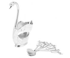 Set di Cucchiai da Caffè, 6 Cucchiai da Caffè Lunghi 11 Cm con Supporto per Cucchiaini da Caffè Swan 8 Cm X 15,5 Cm, Set di Cucchiai da Zucchero da Dessert Dal Design Lucidato a(Bianco argento)