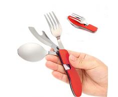 Senven®4 In 1stoviglie Da Campeggio In Acciaio Inossidabile-Coltello, Forchetta, Cucchiaio, Apribottiglie -Pieghevole Da Posate Portatile Multiuso -Cottura Mangiare Camping Utensile,Rosso