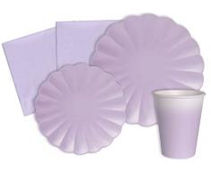 Kit Party Tavola Flower Shape per 8 persone (44 pezzi: 8 piatti Ø23cm, 8 piatti Ø18cm, 8 bicchieri 200ml, 20 tovaglioli 33x33cm) in carta compostabile eco-friendly, viola lavanda