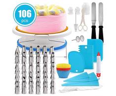 Rmine Set Decorazioni Torte Pasticceria, 106pcs Utensili da Decorazione per Torte Includere Supporto per Giradischi Rotante, Spatola Tagliapasta, Adatta per Cupcake Dolci Torta (Blu-106pcs)