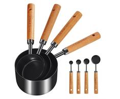 Cuteefun Set di 8 Misurino e Cucchiaio Dosatore, Manico In Legno con Misure Metriche e Statunitensi, Acciaio Inox Premium, Misurini per Liquidi e Prodotti Secchi per Cucina, Forno, Bevande