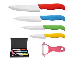 BelleStyle Set Coltelli, Coltelli da Cucina in Ceramica, Professionale Set di Coltelli da Cuoco, Multicolore 4 Coltelli Ceramica e 1 Pelapatate per Tagliare Frutta Verdura Carne - Affilato e Leggero