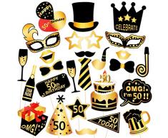 Qpout 26 Pezzi 50° Compleanno Photo Booth Puntelli Decorazione per Feste Puntelli Foto Compresi Cappelli Bicchieri da Vino Cravatte Corone Adatto per Uomo Donna 50° Compleanno Accessori per Feste