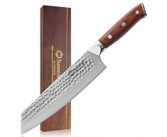 Sunnecko Coltelli da Cucina 20 cm, Coltello Giapponese in Acciaio Ad Alto Tenore di Carbonio Martellato, Coltello Verdure con Manico in Legno Pakka, Coltello da Cucina per Carne Pesce