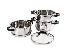 Tower T80836 Essentials Vaporiera Pentola Induzione per Cottura Vapore a 3 Ripiani con Coperchio in Vetro, Pentola a Vapore in Acciaio Inox con Manici in Silicone, Cottura a Vapore, 18 cm, Argento