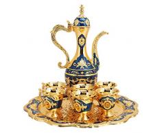 Set Caffettiera Turca Vintage, Caffettiera Turca Vintage con 6 Tazzine da Caffè, Set di Tazzine da Caffè in Rame Turco, Teiera e Tazze da Tè con Vassoio da Tè Artigianale(Blu)