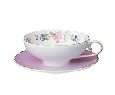 fanquare Tazza e Piattino in Porcellana, Tazza da Caffè in Fiore di Loto Rosa e Uccello, Tazza da Tè con Finiture in Oro, Viola