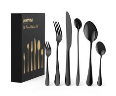 RIWNNI Set Posate 6 Persone,36 Pezzi in Acciaio Inox 18/8 da Tavola Includi Forchetta, Cucchiaio, Coltello, Forchetta per Insalata, Cucchiaio da Tè e da Dessert-Nero