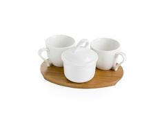 Brandani 54207 Coffee set 3 pz , 2 tazzine con zuccheriera, in porcellana bianca con vassoio bamboo